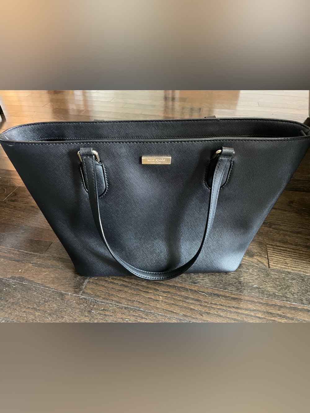 kate spade Black Saffiano Leather Tote with Gold Plaque